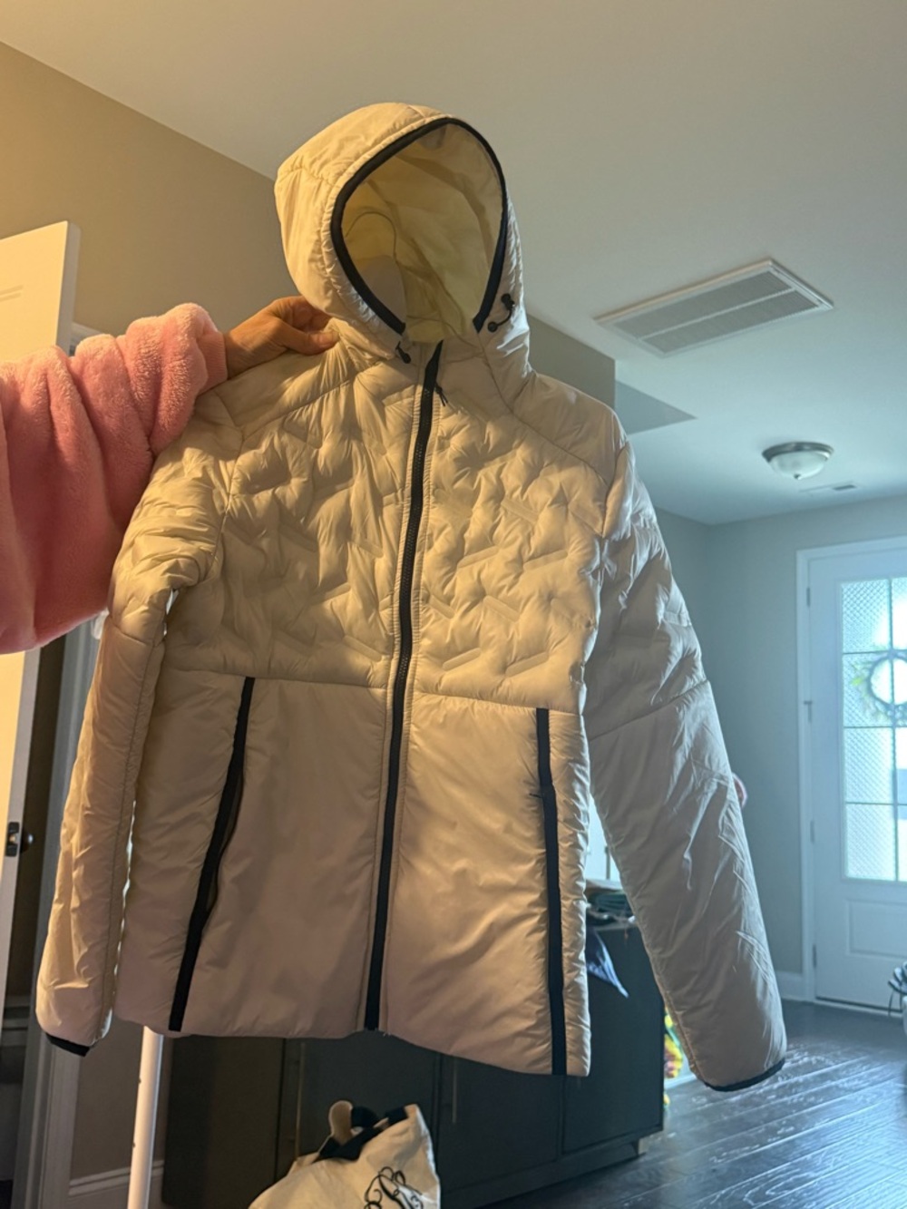 Light Cream Quilted Hooded Puffer Jacket with Black Trim